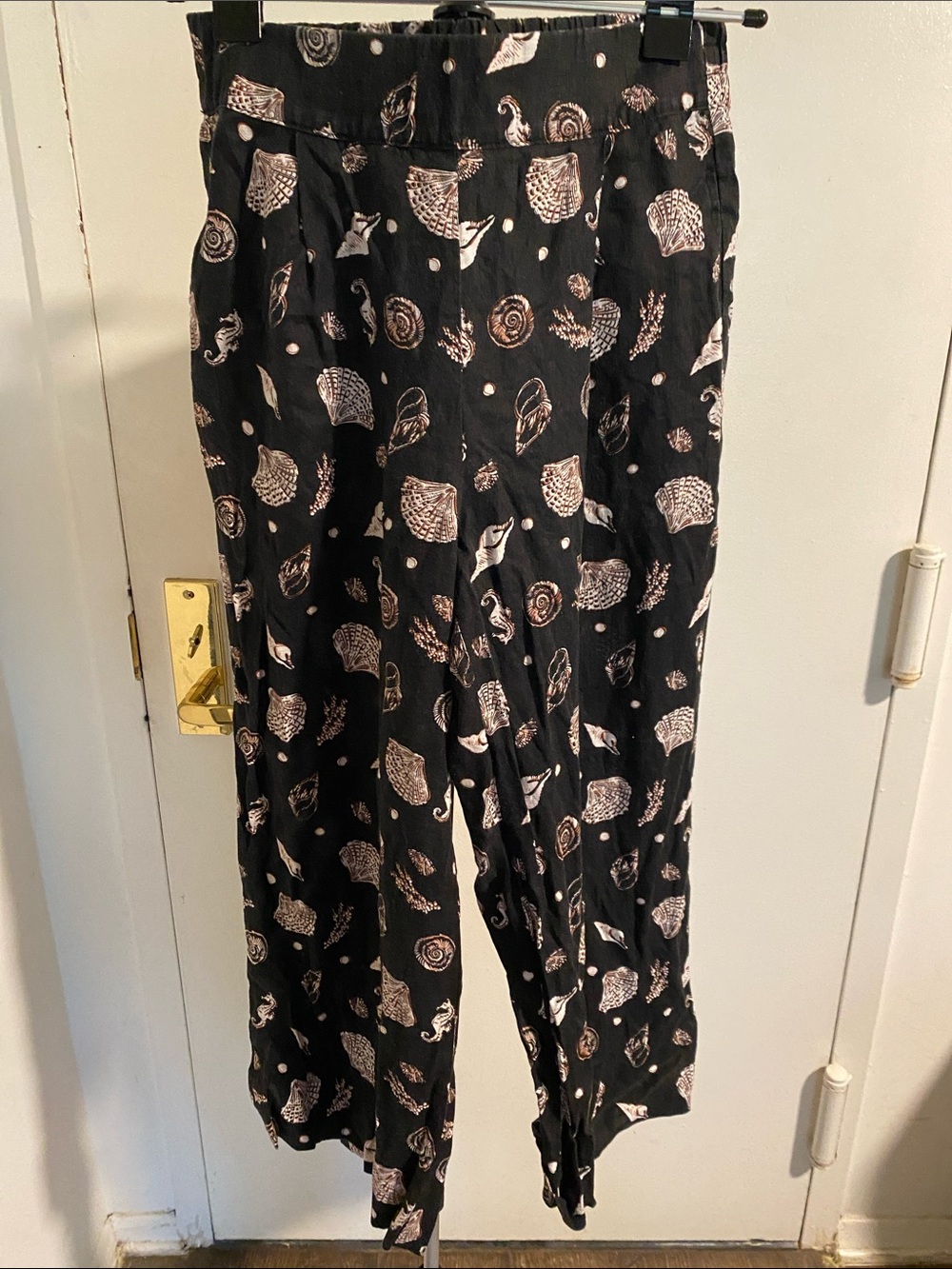 LOFT linen Black Wide-Leg Pants with Shell Print